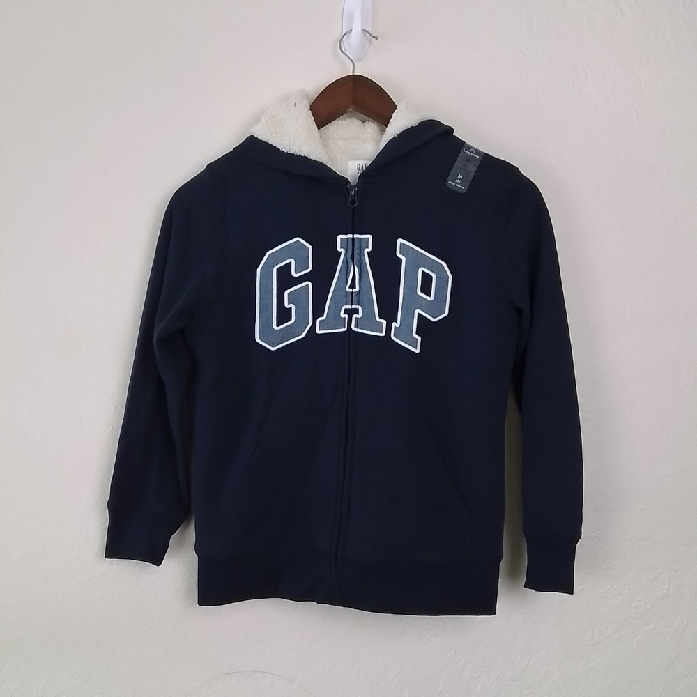 GAP Kids Cozy Logo Fleece Sherpa Lined Hoodie Blue Plush Jacket Style Size M (8)